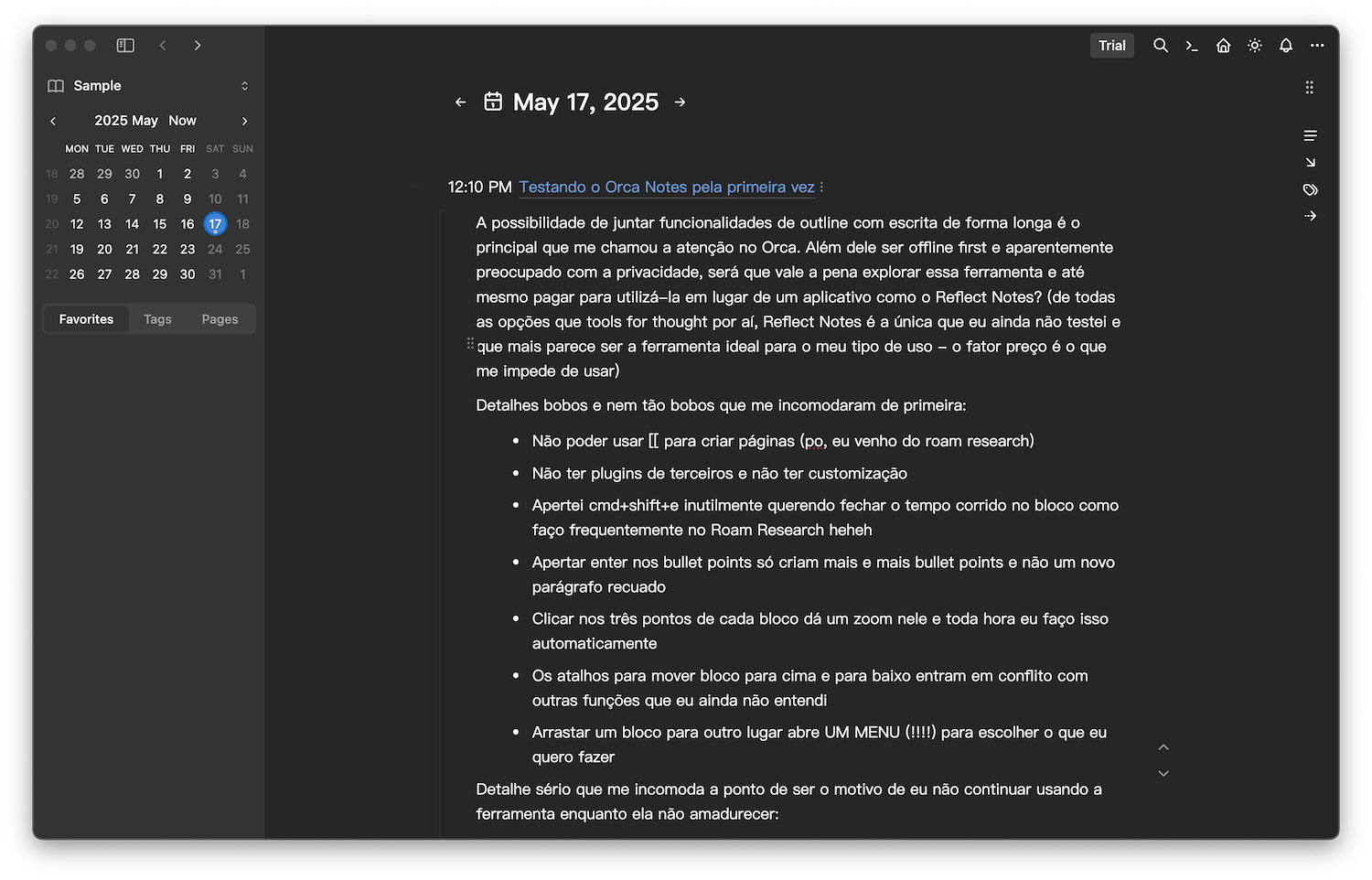 captura de tela de uma daily note no Orca Note, uma barra lateral com calendário e o restante da tela sendo o editor de texto