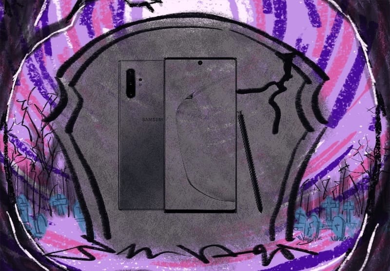 samsung note 10+ flutuando em lápide cinza cercada por cemitério com fundo roxo e rosa psicodélico