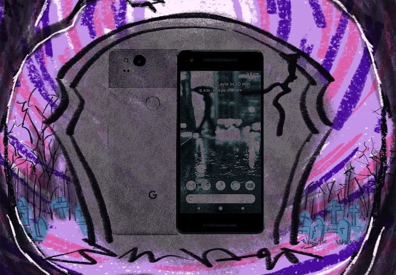 google pixel 2 flutuando em lápide cinza cercada por cemitério com fundo roxo e rosa psicodélico