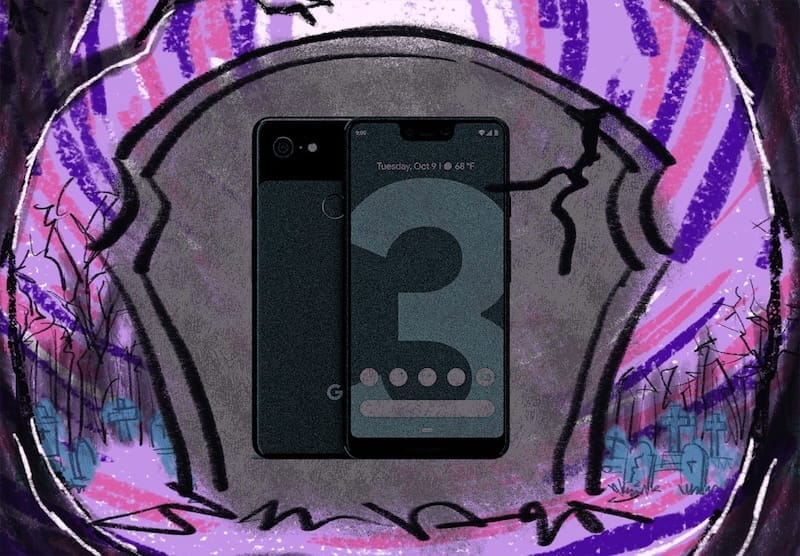 google pixel 3 xl flutuando em lápide cinza cercada por cemitério com fundo roxo e rosa psicodélico