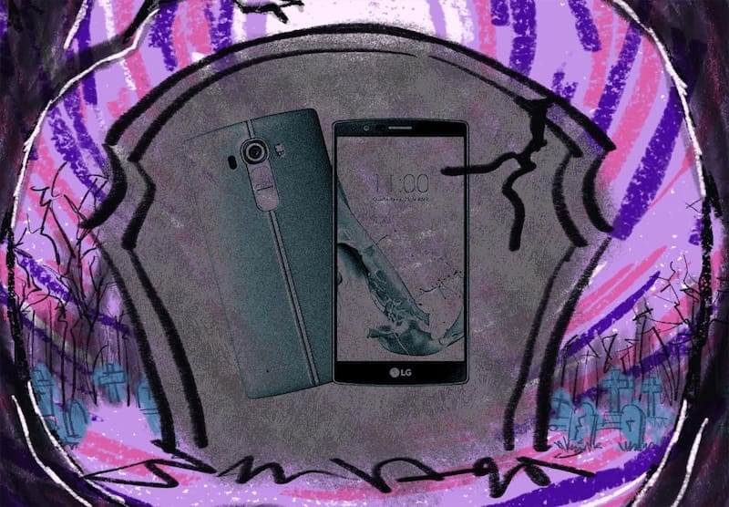smartphone lg g4 flutuando em lápide cinza cercada por cemitério com fundo roxo e rosa psicodélico