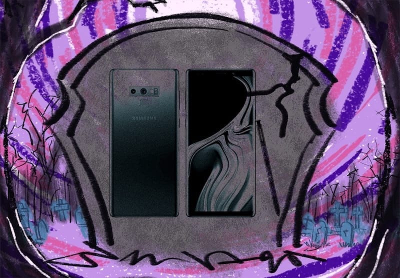 samsung galaxy note 9 flutuando em lápide cinza cercada por cemitério com fundo roxo e rosa psicodélico