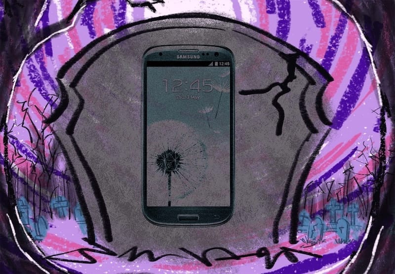 samsung galaxy s3 flutuando em lápide cinza cercada por cemitério com fundo roxo e rosa psicodélico
