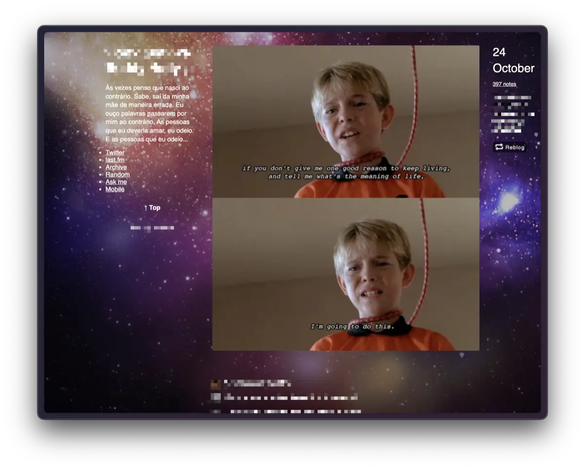 Captura de tela de Tumblr com fundo espacial exibindo dois frames de um filme com um menino loiro se enfocando e legendas em inglês sobre o sentido da vida.
