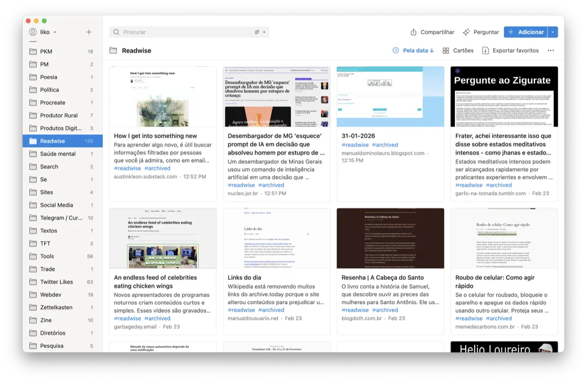 screenshot do raindrop com uma coleção do readwise