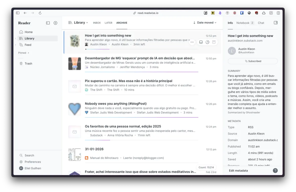 screenshot do readwise reader com biblioteca de arquivos