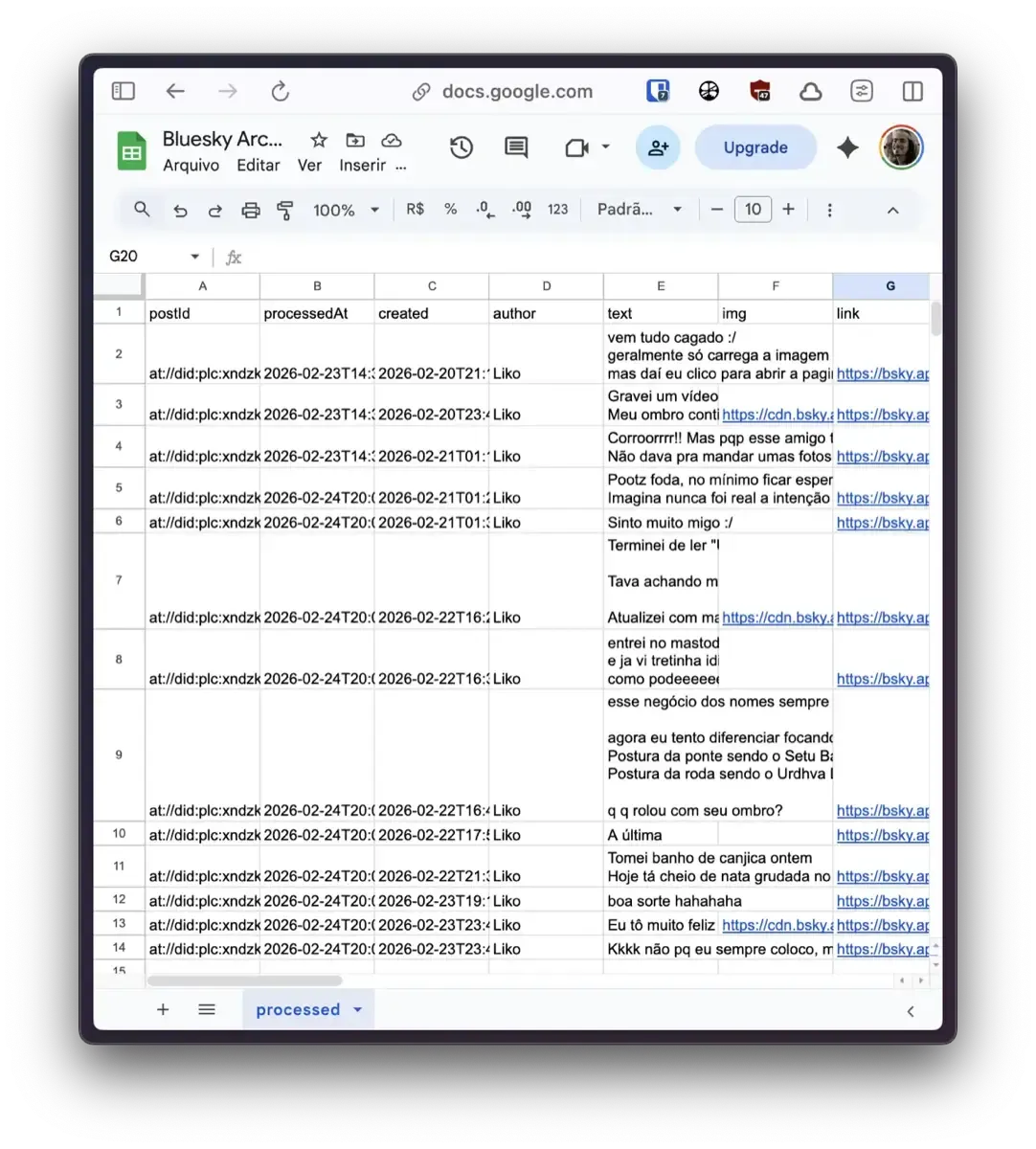 screenshot do Google Sheets com planilha arquivando posts do Bluesky