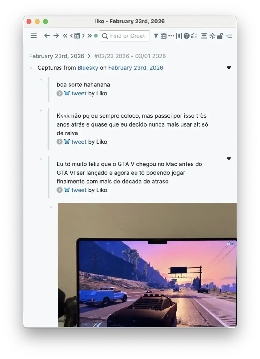 screenshot de daily note no Roam Research mostrando capturas do Bluesky