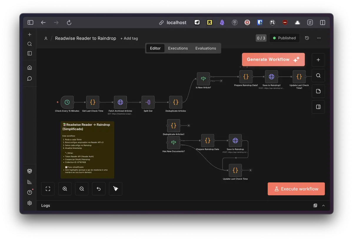 screenshot do n8n com um workflow do readwise para o raindrop