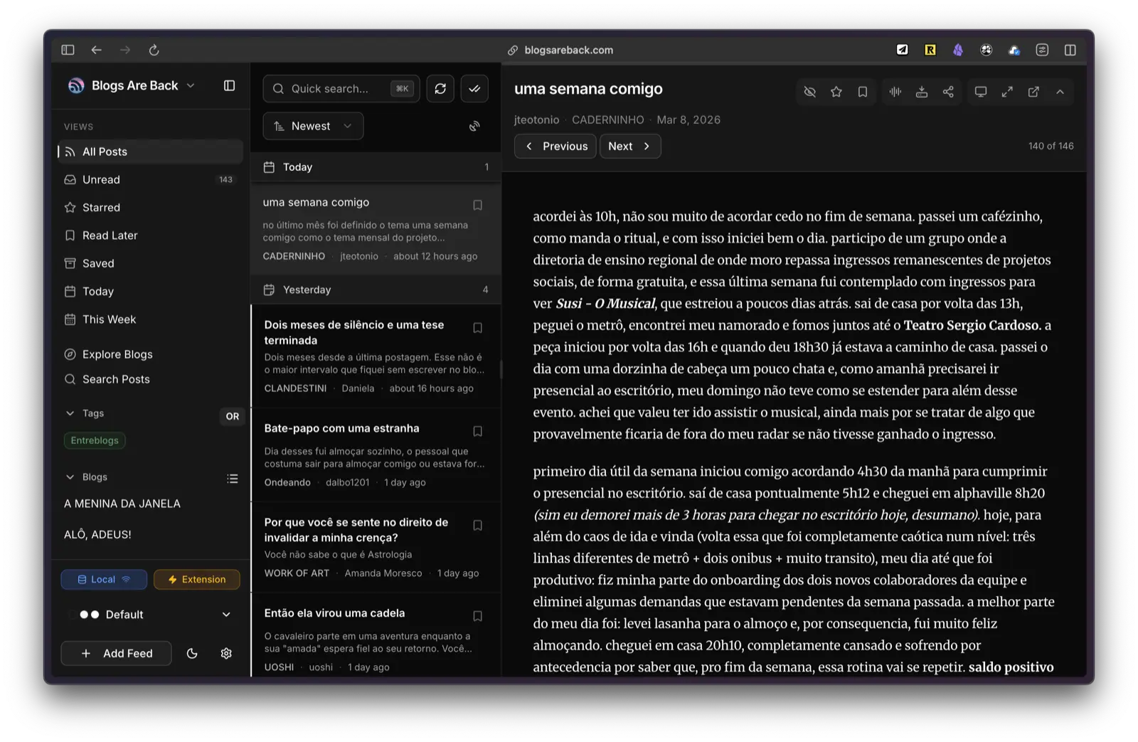 Tela do Blogs Are Back com o feed do Entreblogs