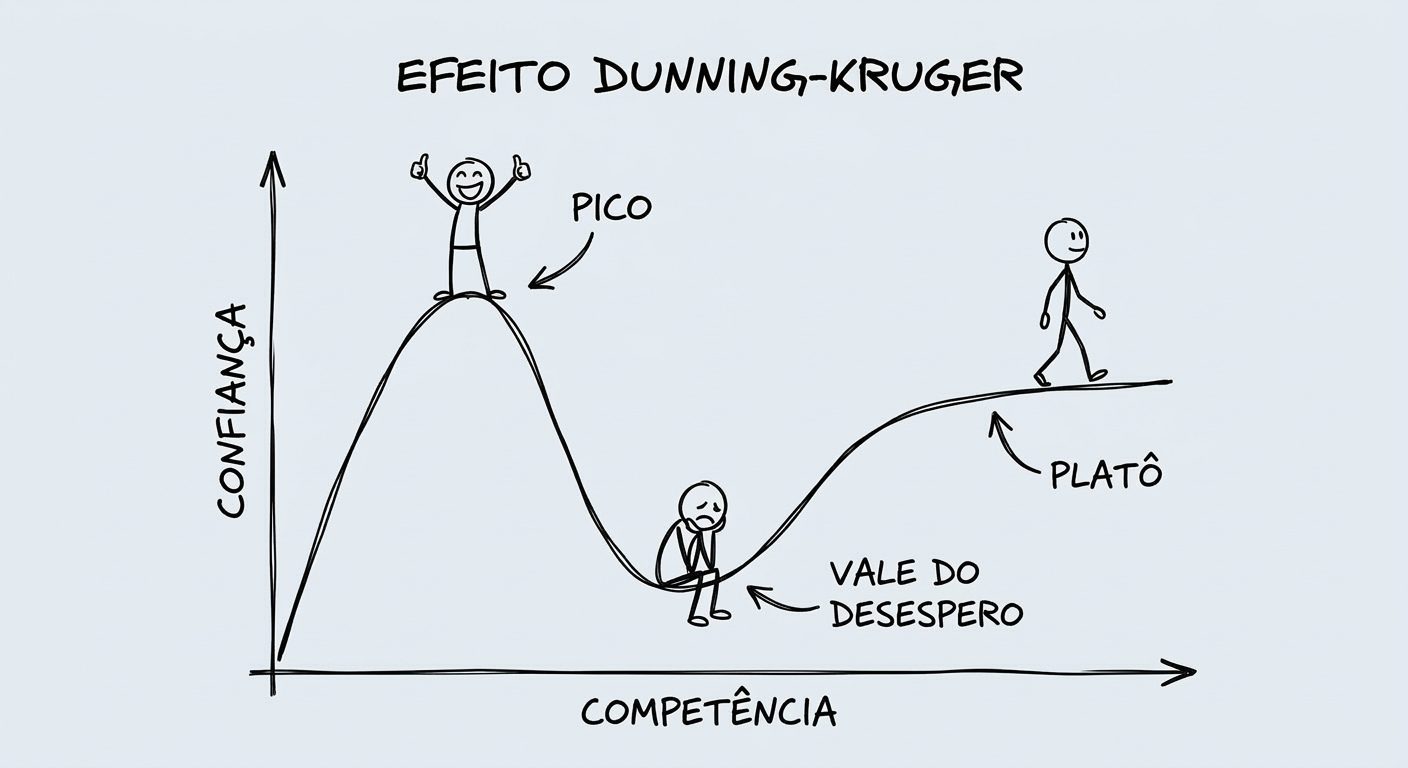 Ilustraçã Excalidraw do Efeito Dunning-Kruger. O gráfico mostra uma curva que sobe abruptamente até um pico (representado por um homem feliz com os braços levantados), depois cai para um vale profundo (com um homem triste sentado), e sobe gradualmente para um platô (com um homem caminhando calmamente). Os eixos são rotulados 'Confiança' (vertical) e 'Competência' (horizontal)."