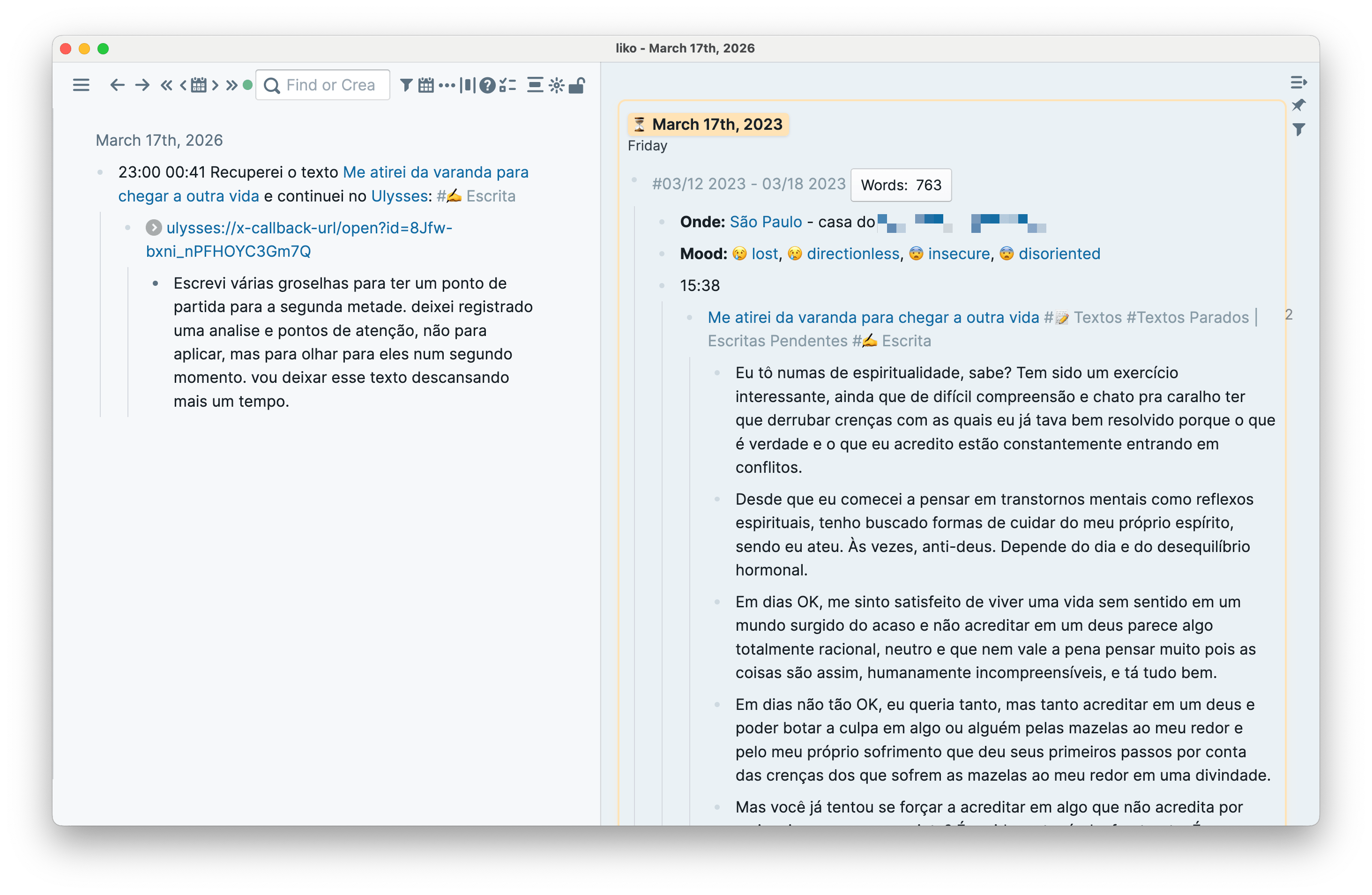 screenshot de uma daily note no roam research dos dias 17 de março de 2026 e 2023 com rascunho de um texto