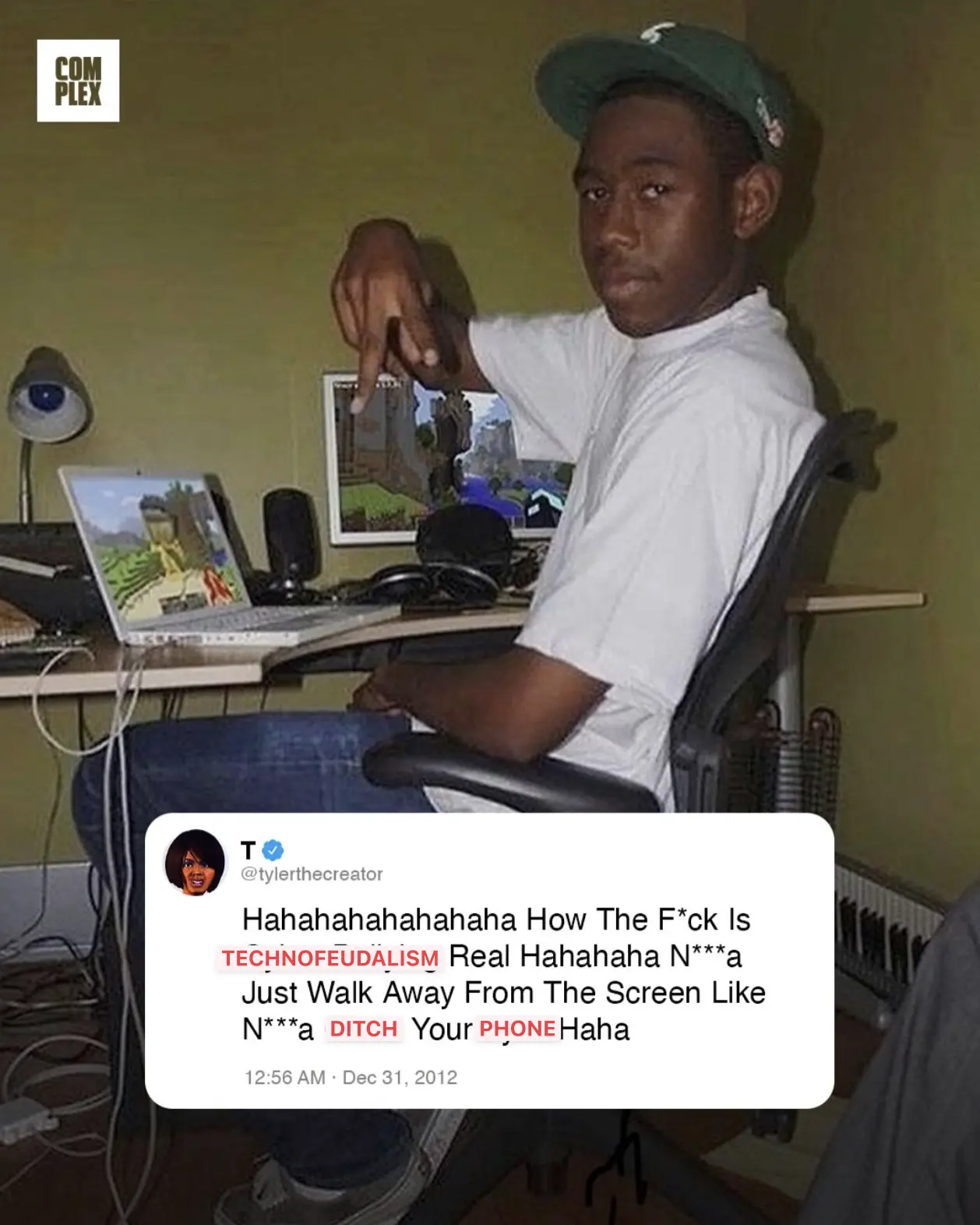 Imagem do Tyler the Creator novinho com seu famoso tweet de 2012 com as palavras technofeudalism por cima"
