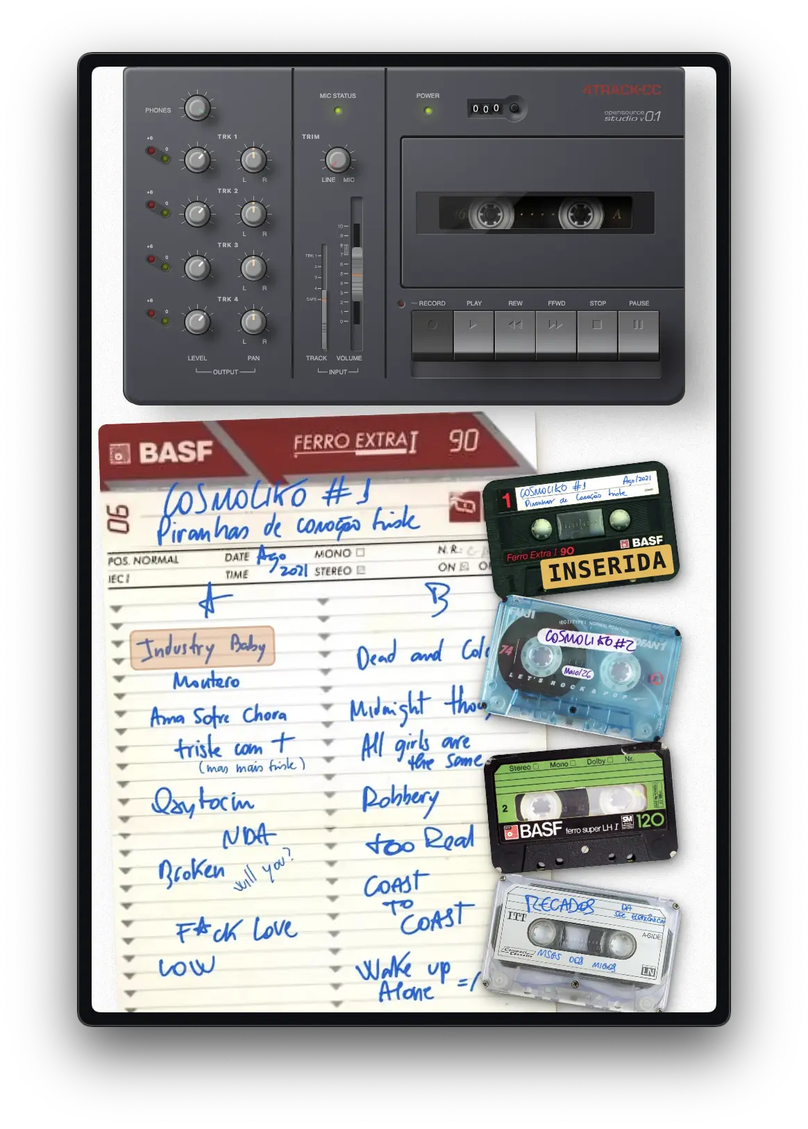 Interface de gravador 4 trilhas digital com fita cassete, e encarte de fita BASF com tracklist manuscrita e fitas cassete empilhadas.