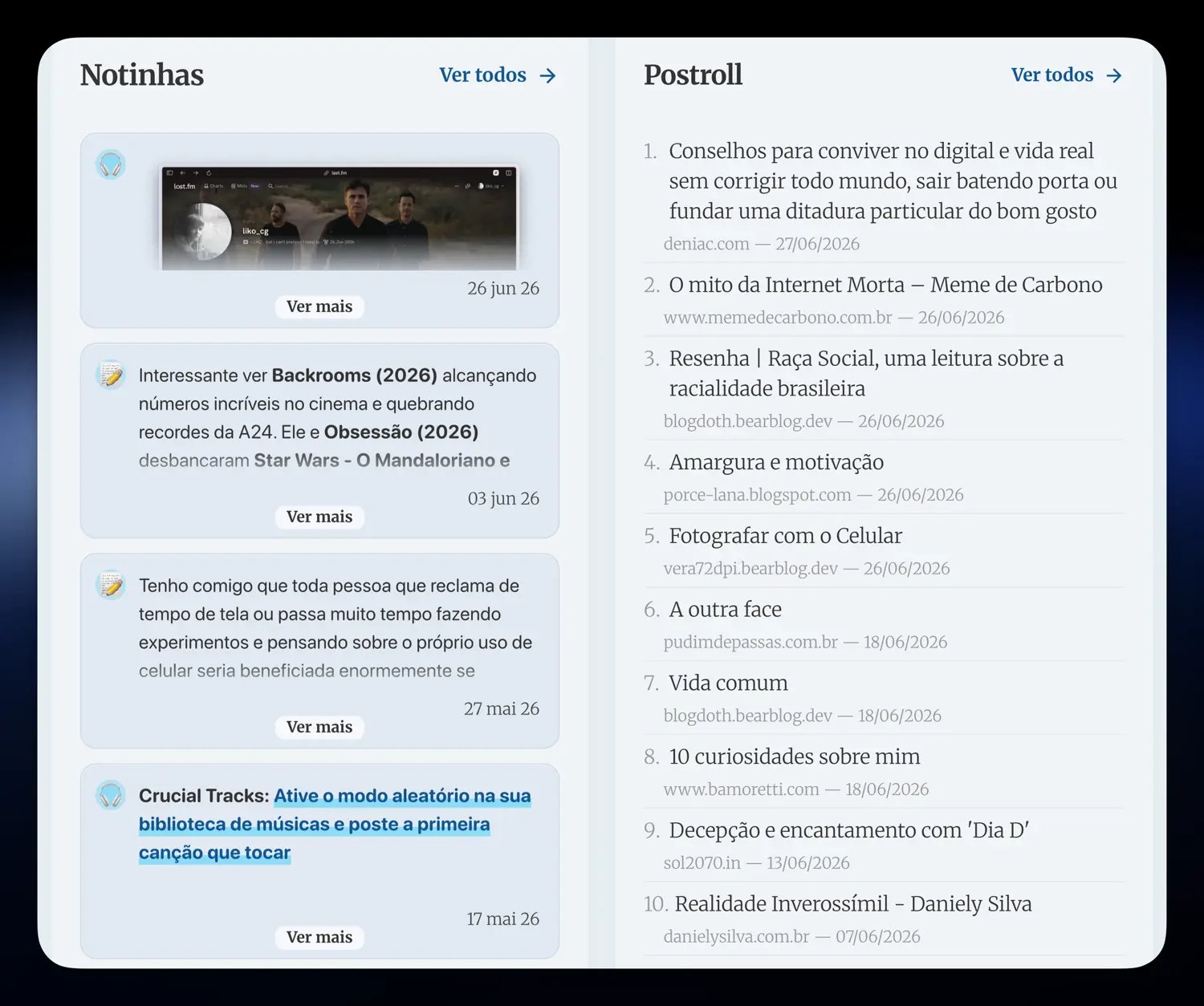 print das seçoes notinhas e postroll no mobile