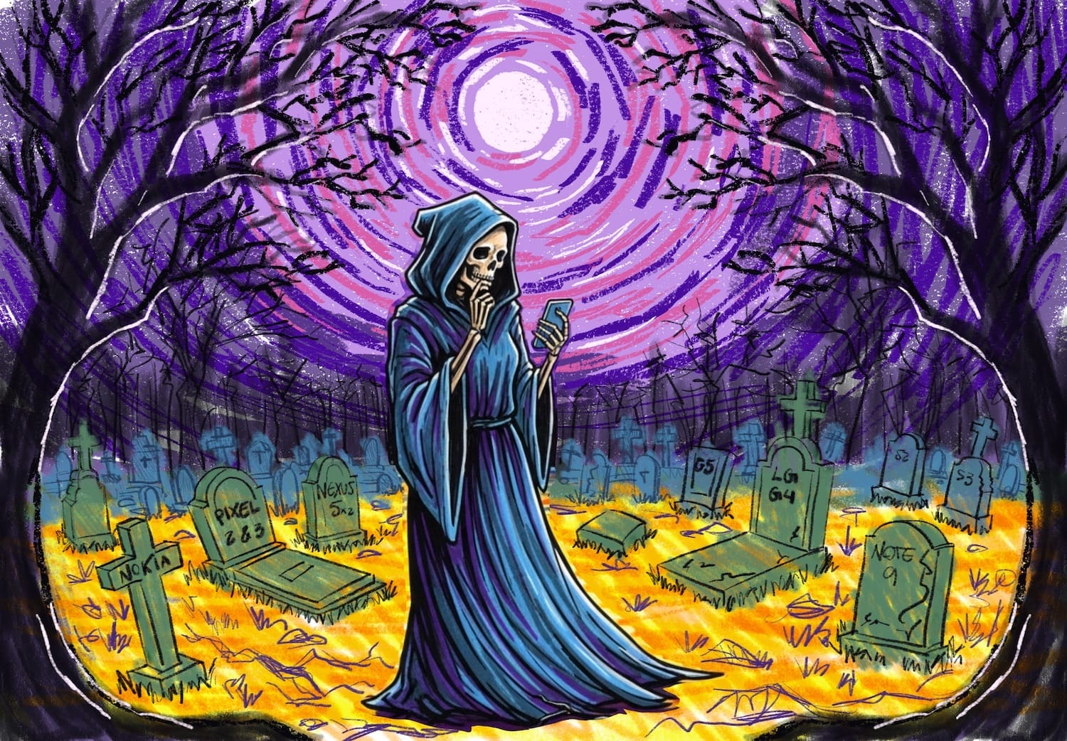 figura encapuzada da morte segurando celular em cemitério com lápides de celulares que morreram (nexus, pixel, lg, nokia) sob céu roxo espiral e árvores nuas em estilo cartoon gótico