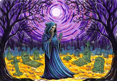 figura encapuzada da morte segurando celular em cemitério com lápides de celulares que morreram (nexus, pixel, lg, nokia) sob céu roxo espiral e árvores nuas em estilo cartoon gótico