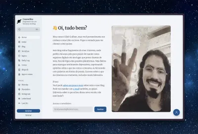 print da seção hero nova do blog, mostrando uma sidebar com as páginas do blog, um breve texto e a imagem do autor