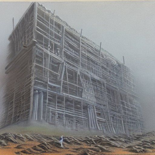 a surrealist painting of a enormous building under construction on top of quicksand via stablediffusion